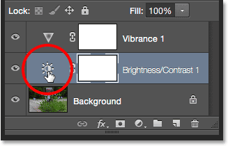 Clicking the Brightness/Contrast thumbnail icon. Image © 2015 Steve Patterson, Photoshop Essentials.com