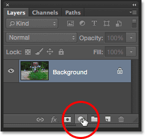 Clicking the New Fill or Adjustment Layer icon in the Layers panel. Image © 2015 Steve Patterson, Photoshop Essentials.com