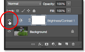 The same visibility icon in the Layers panel. Image © 2015 Steve Patterson, Photoshop Essentials.com