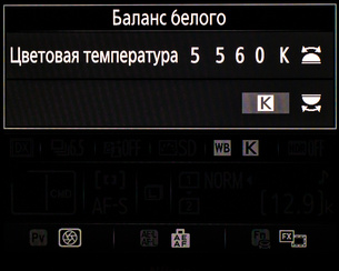 Установка цветовой температуры вручную также оперативна: задним колёсиком выбираем опцию К, передним — нужное значение.