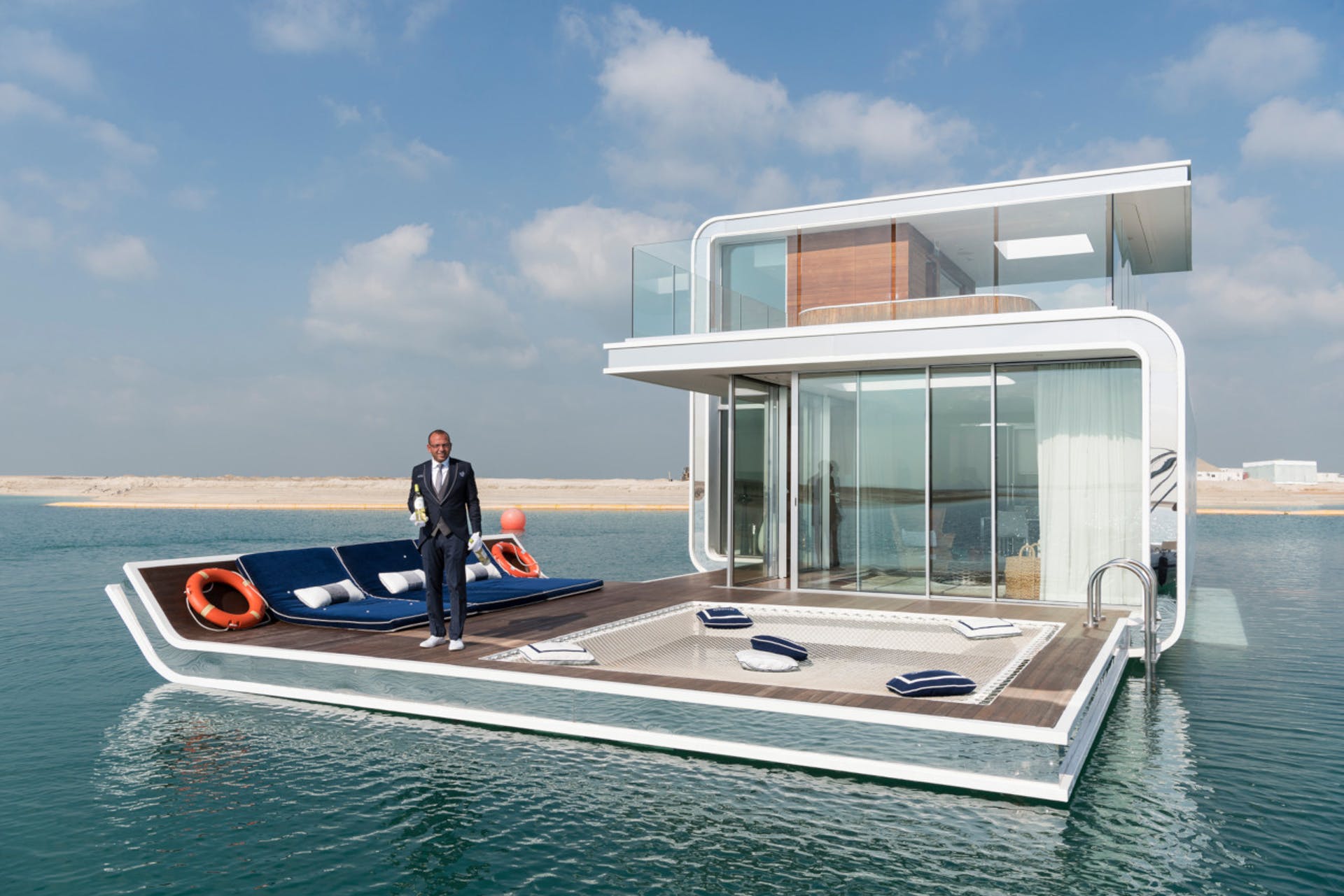 floating house and man