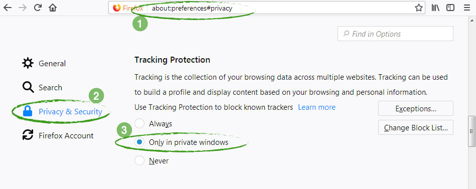 Firefox Screen : Tracking protection