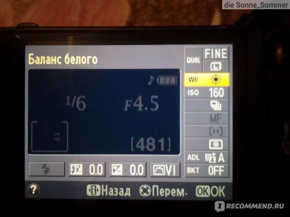 меню: тут нужно менять баланс белого(освещения), ISO и многое другое.