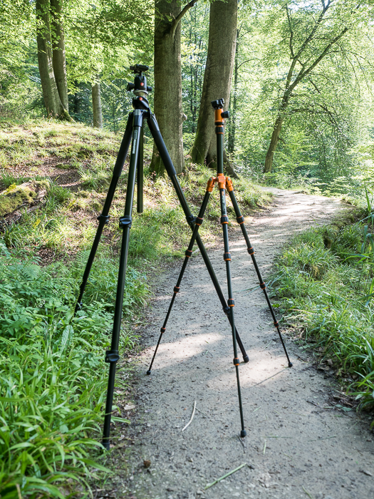 Tripods for Landscape Photography: Comparison of full-size and compact/travel tripod, open