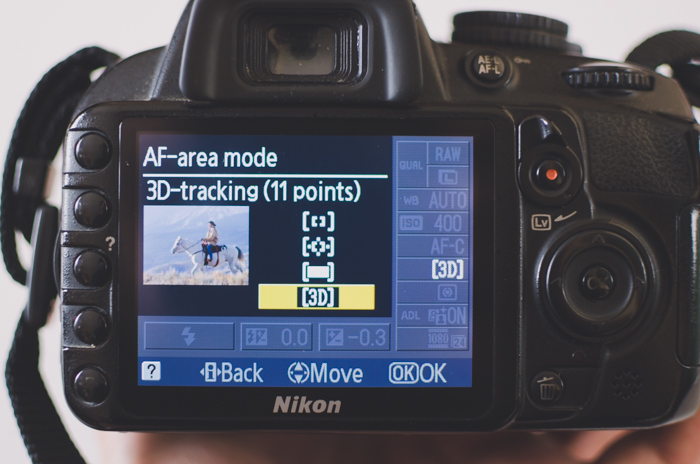 The screen of a Nikon DSLR showing AF-area mode settings - 3D tracking