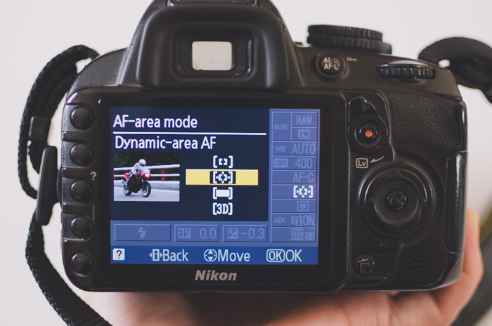 The screen of a Nikon DSLR photography camera showing AF-area mode settings - DSLR basics