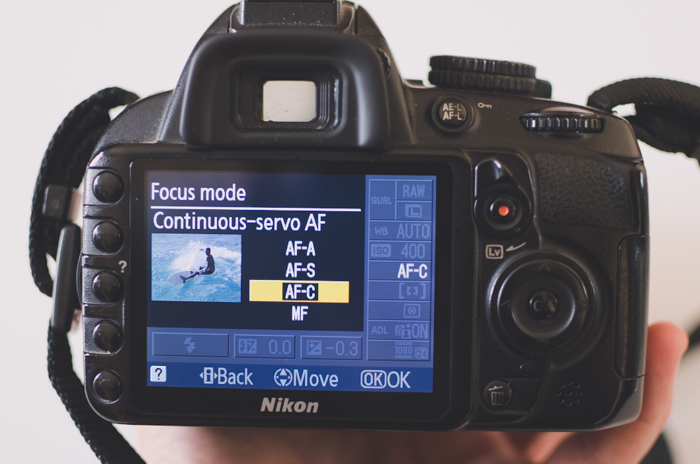 A photo of the focus mode menu on a Nikon camera- DSLR basics