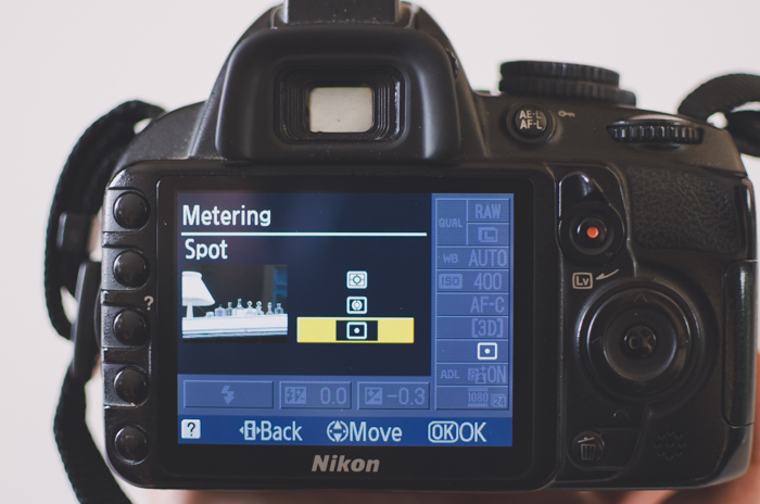 The screen of a DSLR showing metering camera settings