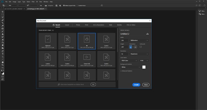 Screenshot of creating a new document in Photoshop