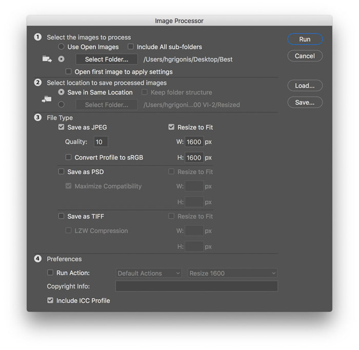 Screenshot of how to start the image processor in Photoshop