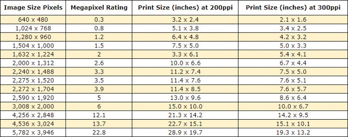 A table comparing image size pixels, megapixel rating, print size at 200ppi and print size at 300ppi - A portrait of a man sitting indoors, with a large photo print of a shark displayed on the wall behind him - enlarging photos for printing