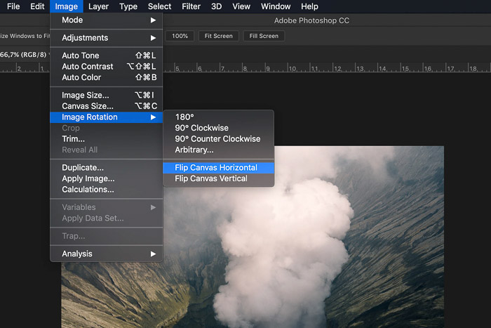 A screenshot showing how to flip the image horizontally in Photoshop 