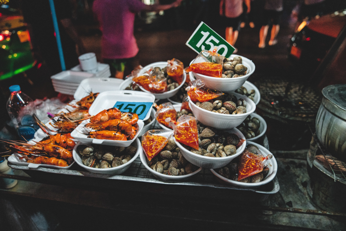 Bowls of seafood at a market 