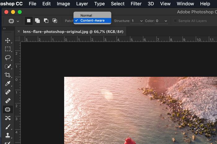 Screenshot of editing lens flare in a photo with Adobe Photoshop