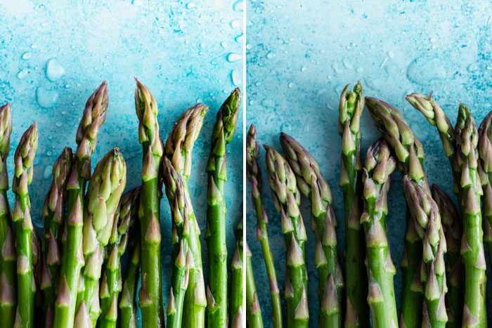 Photos of green asparagus in different color spaces