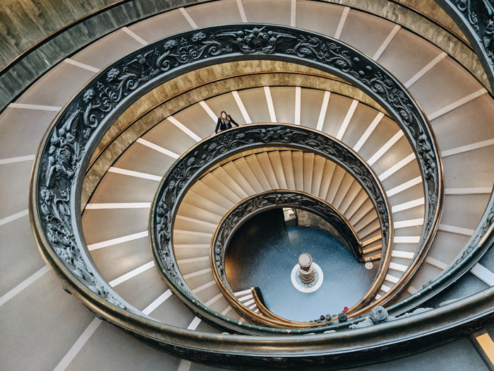 Overhead shot of an ornate spiral staircase