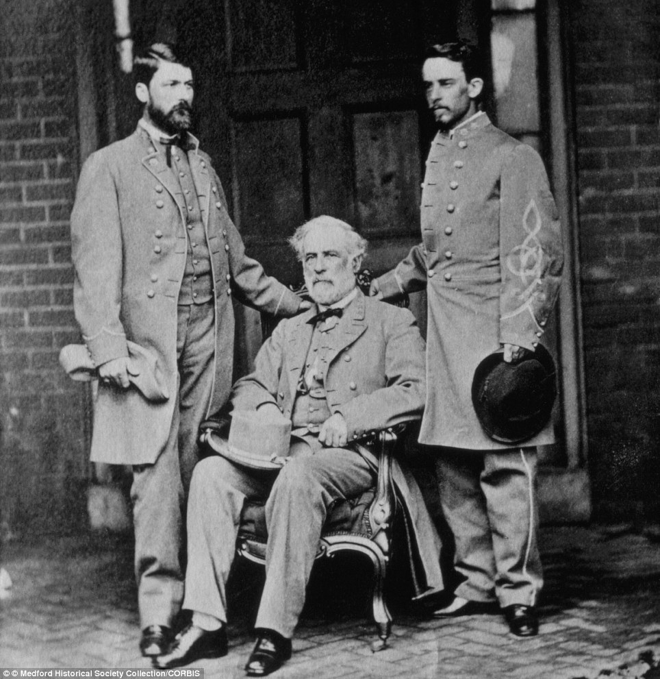 General Robert E. Lee (center) and his aides-de-camp, Major General George Washington Custis Lee (left) and Col. Walter Taylor (right), taken in Richmond, Virginia, on April 16, 1865