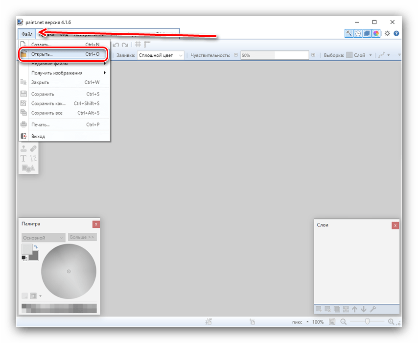 Открыть файл для превращения из фото в картинку в Paint NET