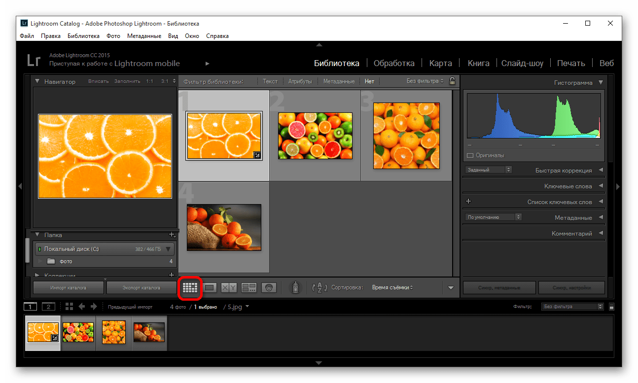 Настройка отображения списка фотографий в виде сетки в программе Adobe Photoshop Lightroom