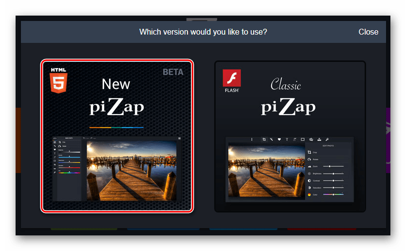 Выбираем HTML5-версию фоторедактора piZap