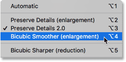 Setting the Resample option to Bicubic Smoother in Photoshop