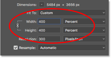 The Width and Height fields in the Image Size dialog box