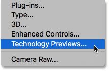 Opening the Technology Previews preferences in Photoshop CC 2018