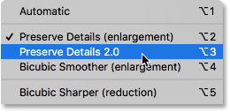 Setting the Resample option to Preserve Details 2.0 in Photoshop