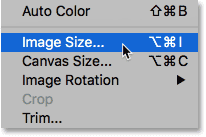 Choosing the Image Size command from the Image menu in Photoshop
