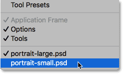 Selecting the image with the size to match from the Window menu in Photoshop