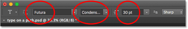 Photoshop font options in the Options Bar.