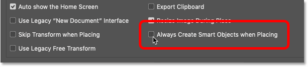 The Always Create Smart Objects when Placing option in Photoshop
