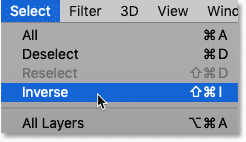 Choosing the Inverse command from the Select menu in Photoshop