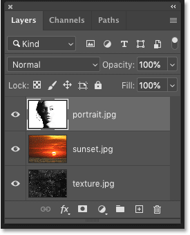 The Layers panel showing all images loaded as layers in Photoshop