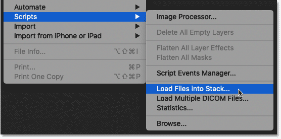 Selecting the Load Files into Stack command in Photoshop