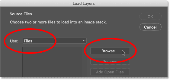 Setting the Use option to either Files or Folder and clicking Browse in Photoshop