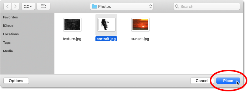 Selecting the image to place into the Photoshop document