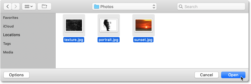 Selecting the images to load into Photoshop
