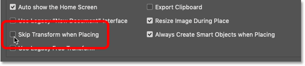 The Skip Transform when Placing option in Photoshop