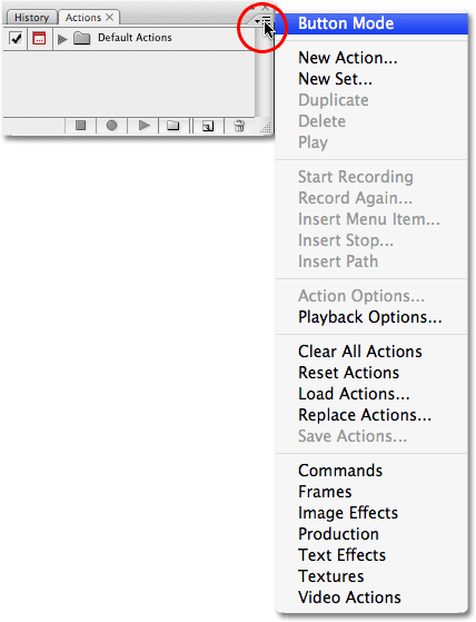 The fly-out menu for the Actions palette in Photoshop. 