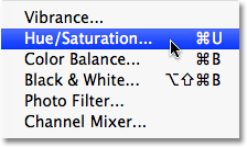 Selecting the Hue/Saturation image adjustment in Photoshop. 