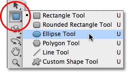 Selecting the Ellipse Tool in Photoshop. 
