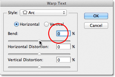 Setting the Bend value to 0% in the Warp Text dialog box. 