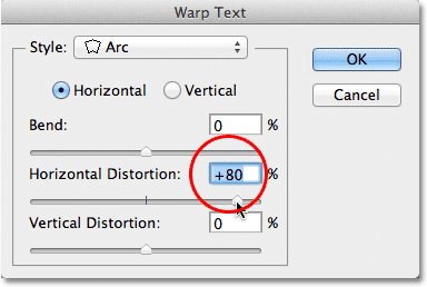Increasing the Horizontal Distortion to 80% in the Warp Text dialog box. 
