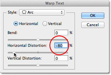 Decreasing the Horizontal Distortion to -80% in the Warp Text dialog box. 