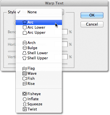 The list of warp styles in the Warp Text dialog box. 