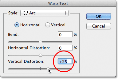 Increasing the Vertical Distortion option to 25% in the Warp Text dialog box. 