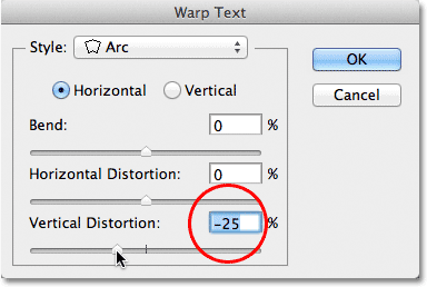 Lowering the Vertical Distortion option to -25% in the Warp Text dialog box. 