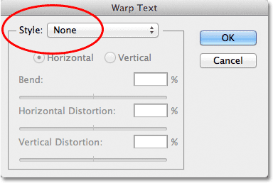 The Warp Text dialog box in Photoshop. 