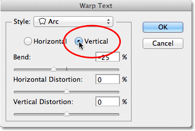 Selecting the Vertical option in the Warp Text dialog box. 